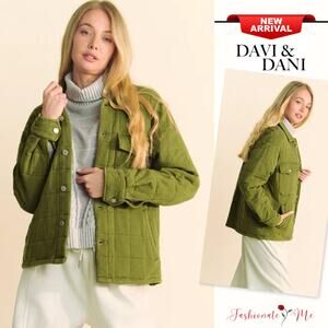 Davi & Dani Mineral Wash Quilted Button Down Chest Pockets Shacket | Olive